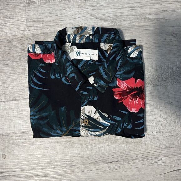 Aeropostale Hawaiian Shirt Mens XL Black Floral Hibiscus Short Sleeve Button Up - Picture 1 of 6